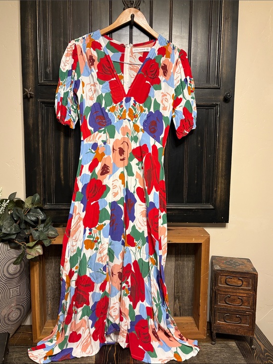 Faithfull the Brand Dresses & Skirts - Faithfull the Brand Red Multi Floral V-Neck Maxi Dress with Puff Sleeves
